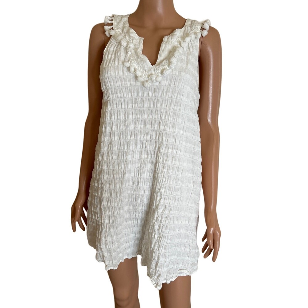 Vineyard Vines Smocked Sleeveless Lined Cotton Dress V-neck Pom-Pom Trim Size S - Picture 2 of 9